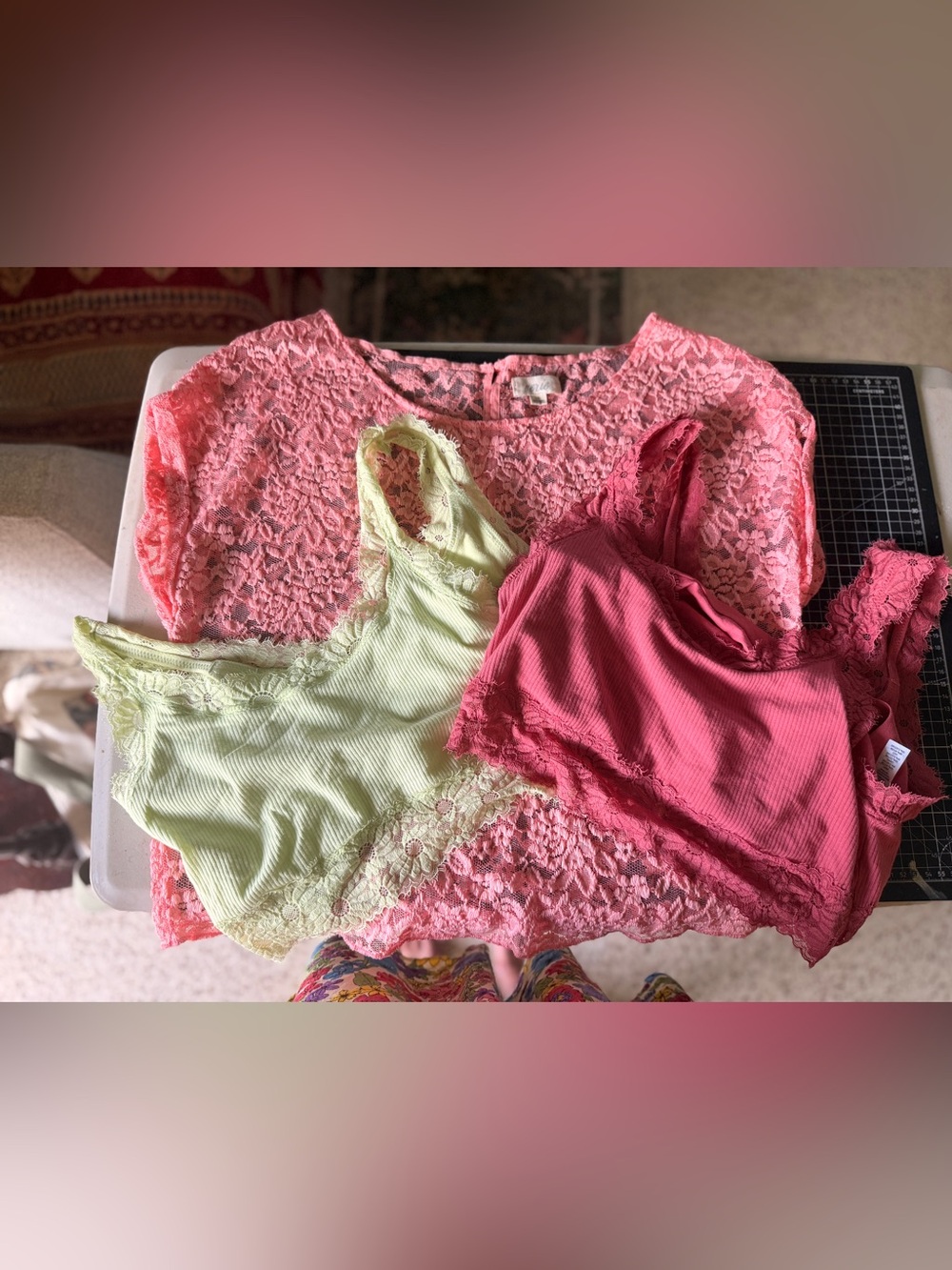 aerie Pink Lace Camisole with Pink Bralette and Light Green Lace Bralette